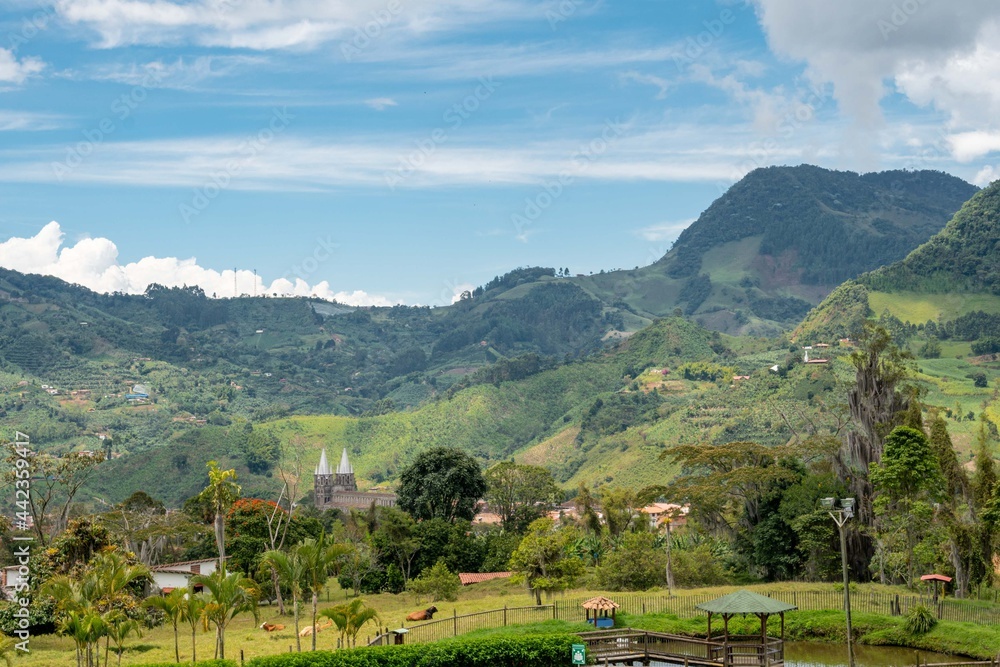 Panoramic and rural landscape with blue sky in Jardin, Antioquia, Colombia.