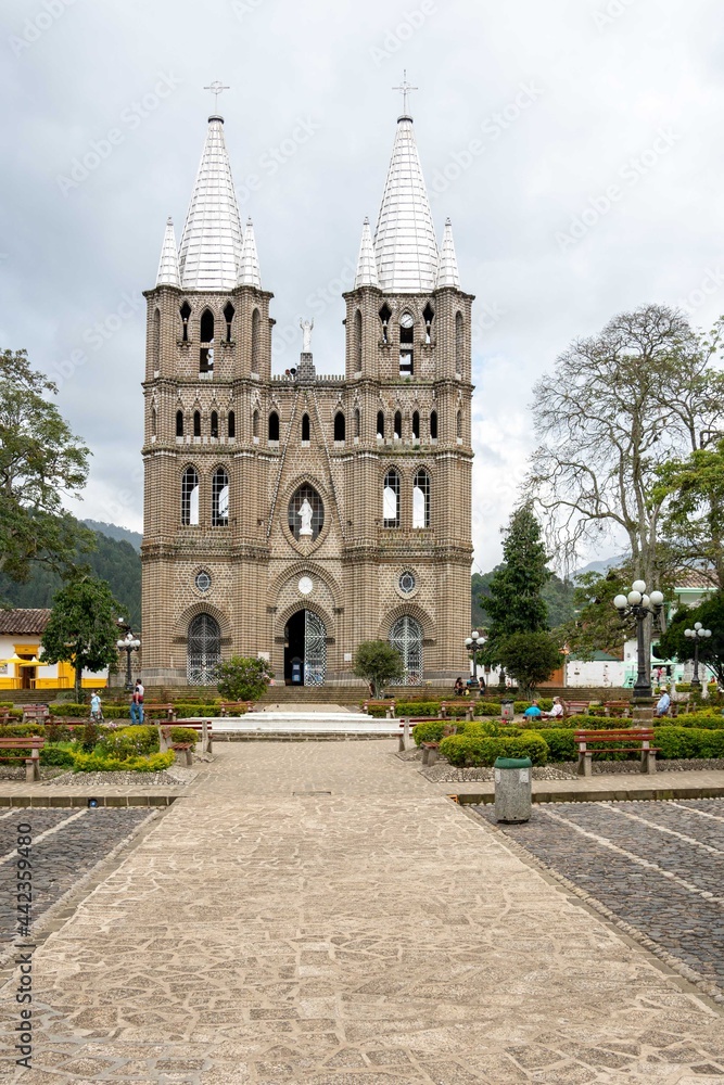 Jardin, Antioquia, Colombia. October 15, 2020: Architecture and facade of the Basilica of the Immaculate Conception.