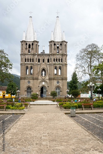 Jardin, Antioquia, Colombia. October 15, 2020: Architecture and facade of the Basilica of the Immaculate Conception.