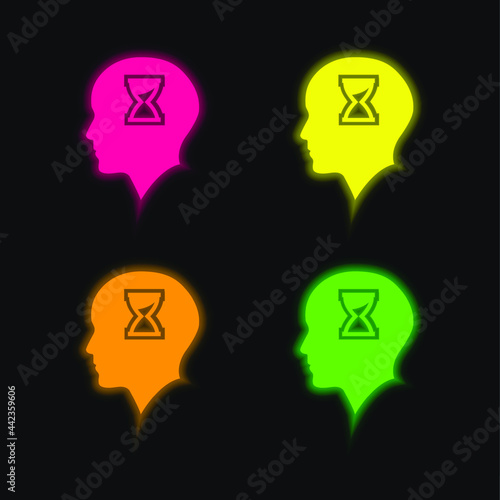 Bald Head With Hour Glass Inside four color glowing neon vector icon