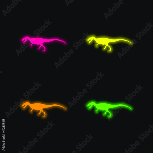 Allosaurus Dinosaur Shape four color glowing neon vector icon