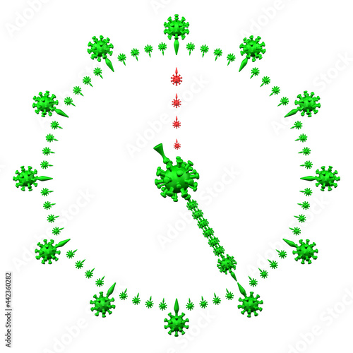 Coronavirus lockdown concept: clock face with coronavirus symbols.