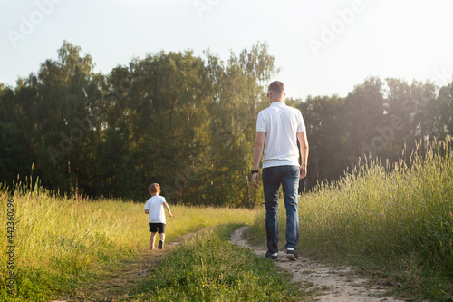 Father and son are walking along the path in the field, from the back. Happy family concept © Marina