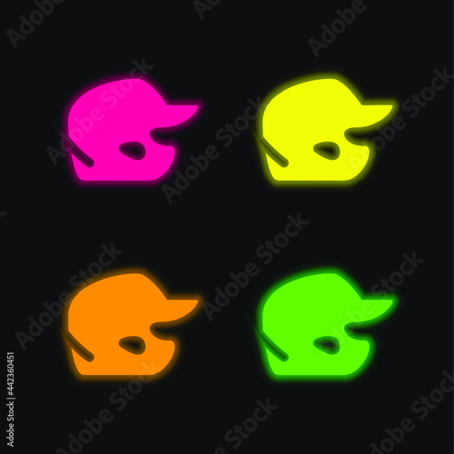Baseball Helmet four color glowing neon vector icon