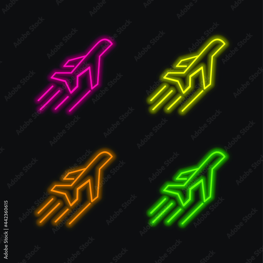 Airplane Side View In Flight four color glowing neon vector icon Airplane Side View In Flight four color glowing neon vector icon