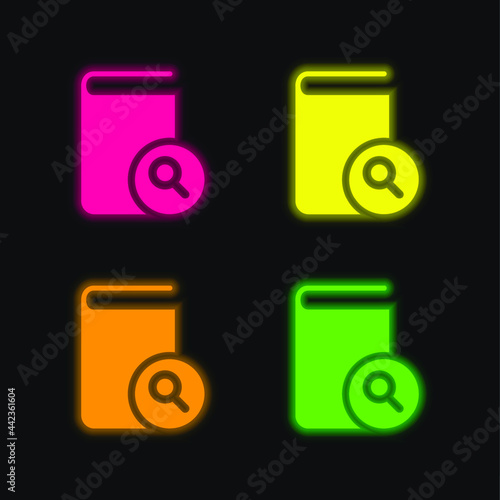 Book Of Black Cover Closed With A Magnifier Symbol On Top four color glowing neon vector icon