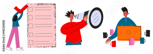 vector set of trendy multicultural people students.People with document,coffee,spyglass.The concept of education at the university and remote study of sciences.Textured flat trendy people