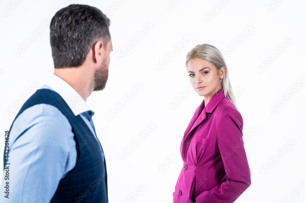woman and man selective focus isolated on white background, businesspeople woman and man selective focus isolated on white background, businesspeople