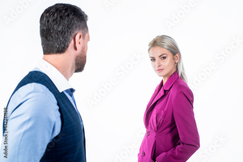 woman and man selective focus isolated on white background, businesspeople