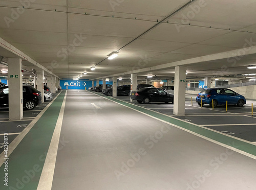 Newbury, Berkshire, UK, 2021. Underground car park with numbered parking spaces.