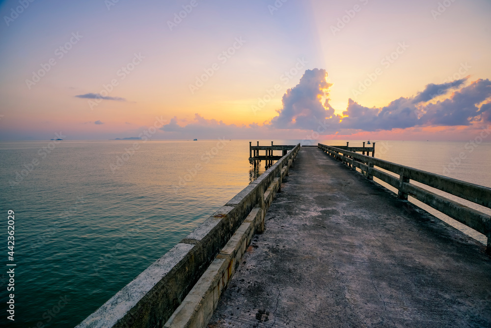 A beautiful sunrise at jetty in summer .Southern in Thailand