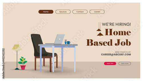 we are hiring, home based job announcement web page, with a chair and desk having laptop on it, freelancer home office space. Working at home vector flat style illustration. freelancer work space