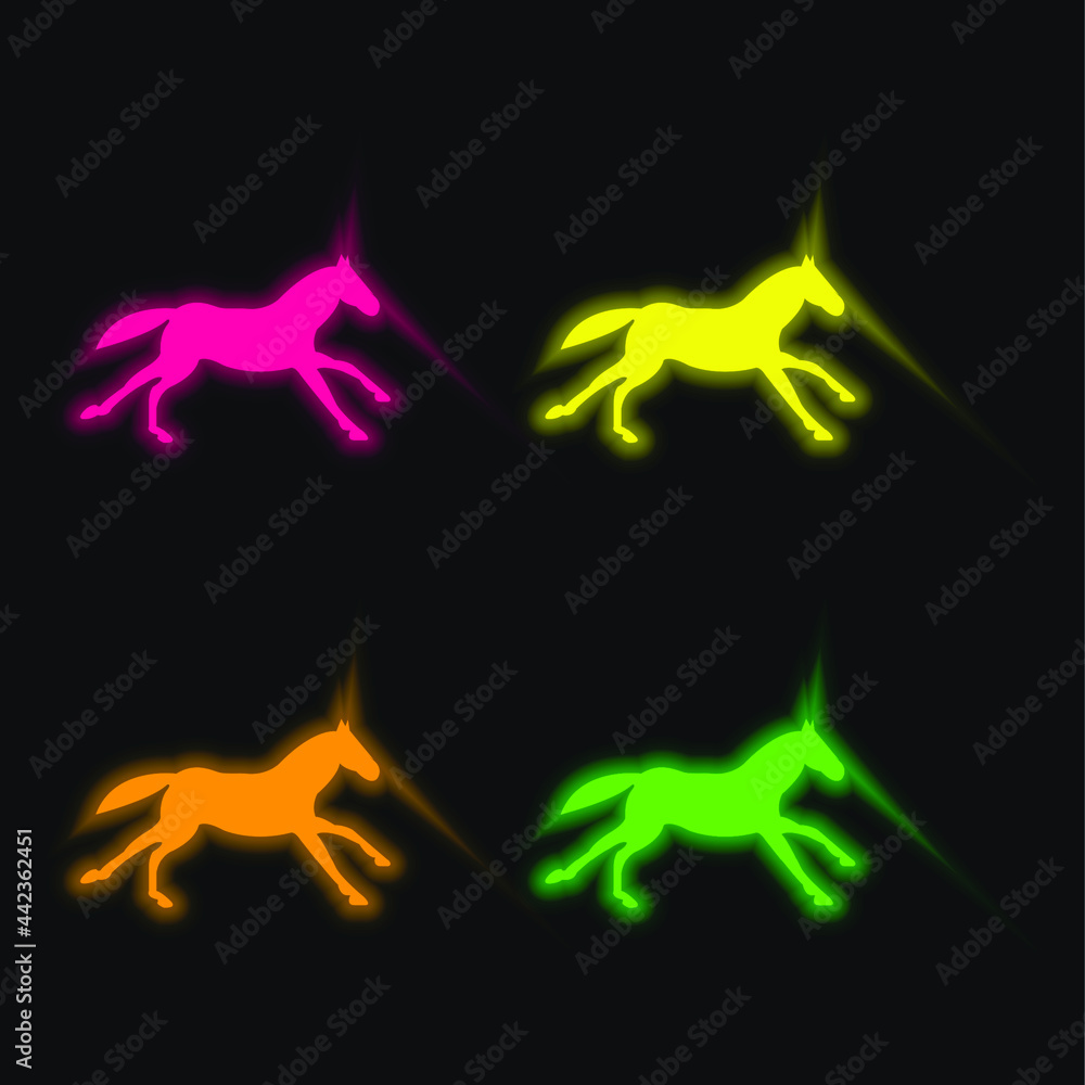 Fototapeta premium Black Running Horse four color glowing neon vector icon