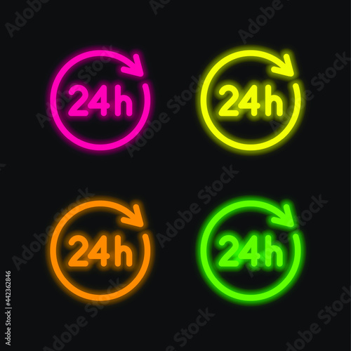 24 Hours four color glowing neon vector icon