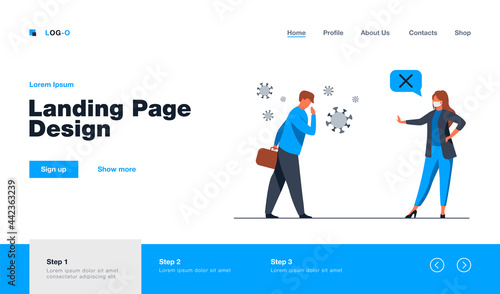 Business colleagues keeping social distance. Covid infected person, meeting in mask. Flat vector illustration. Coronavirus, epidemic concept for banner, website design or landing web page