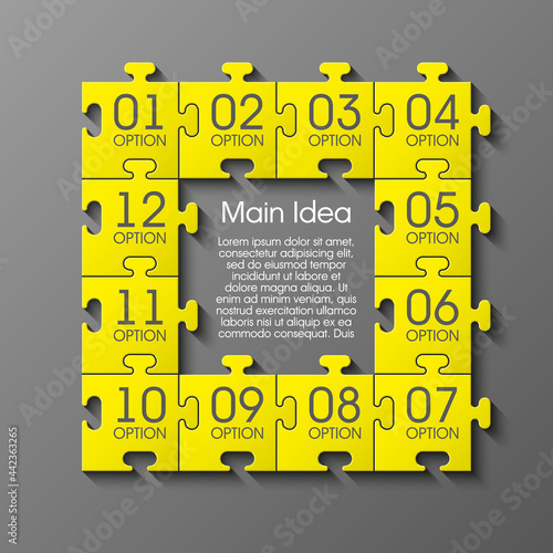 Puzzle twelve piece business presentation. Square infograph. Circle 12 Step process diagram card. Section compare service banner. Vector illustration template color shape . 3d Abstract Background