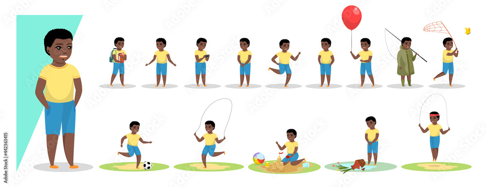 Little african american boy in various gesture expression poses. Male black person child show different emotion set. Cute brown skinned kid character play and rejoice, sad and angry, stand and sit