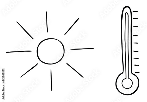 Cartoon vector illustration of sun, thermometer and very hot weather