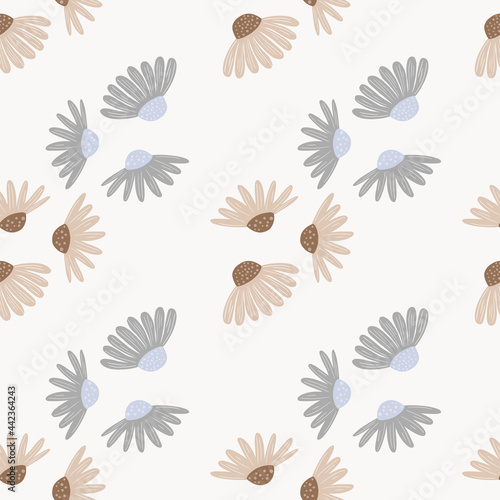 Vintage style botanic daisy silhouettes seamless doodle pattern. Light background. Pink and blue flora print.