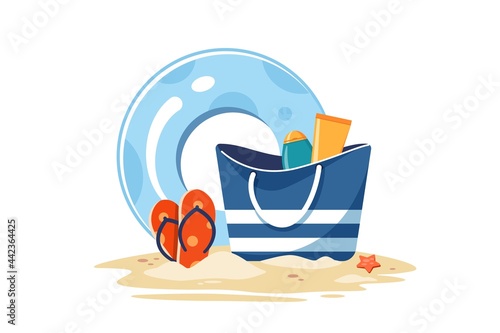 Vector illustration of female bag with sunscreen lotion, red flip flops and swimming circle on sand. Beach accessories isolated on white background. Summer time concept