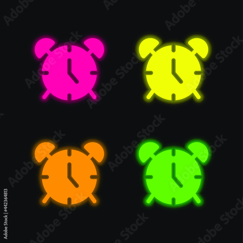 Alarm Clock four color glowing neon vector icon