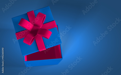 3D render realistic gift box with bow top view. Paper rec box with ribbon and shadow on blue background. Vector illustration
