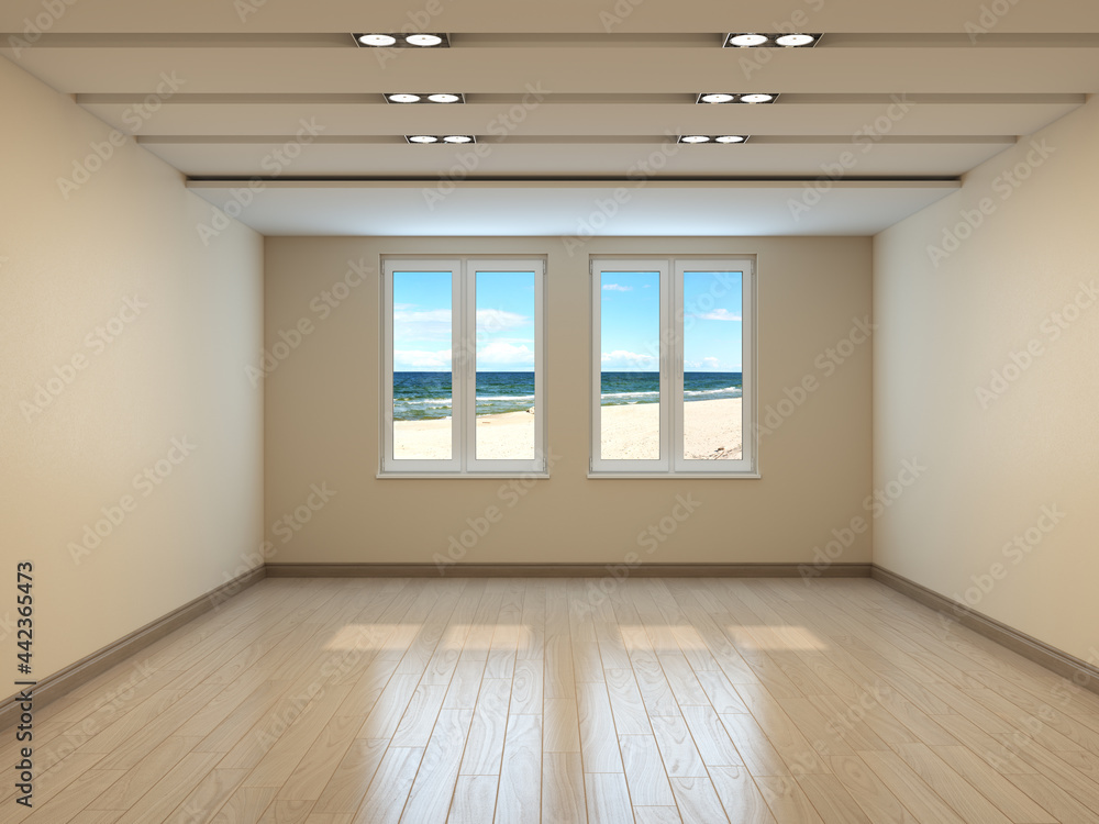 Empty Beige Interior with a Sea View, Two windows, Light Parquet and Plinth with Work Path on Windows. 3D rendering, 7680x5760 Empty Beige Interior with a Sea View, Two windows, Light Parquet and Plinth with Work Path on Windows. 3D rendering, 7680x5760