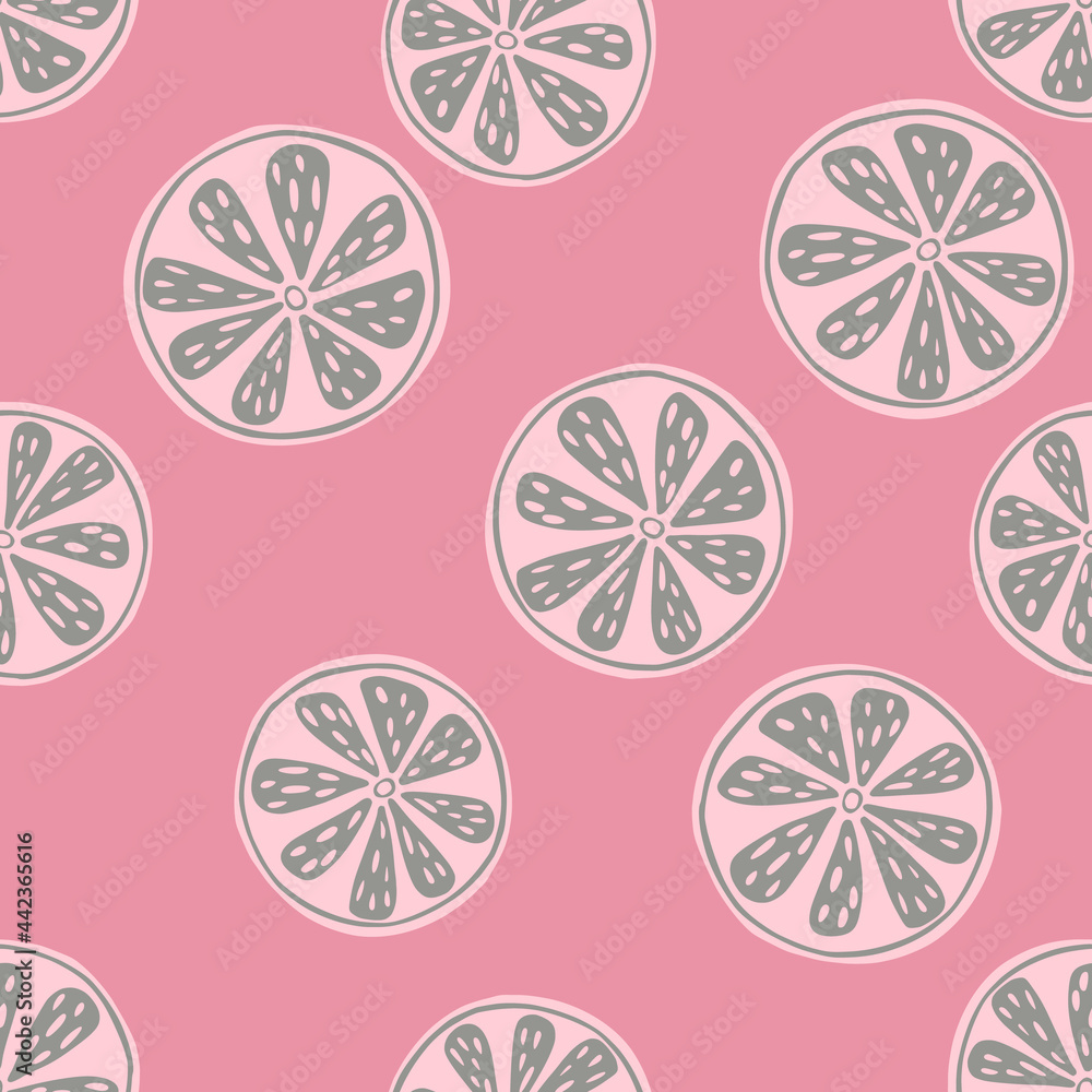 Decorative seamless pattern with random decorative orange slices elements. Pink background. Decorative seamless pattern with random decorative orange slices elements. Pink background.
