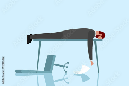 Professional burnout syndrome and despair. Exhausted sick tired male manager sad boring lies with head down on table. Frustrated overworked man mental health problems. Long work stress day vector eps