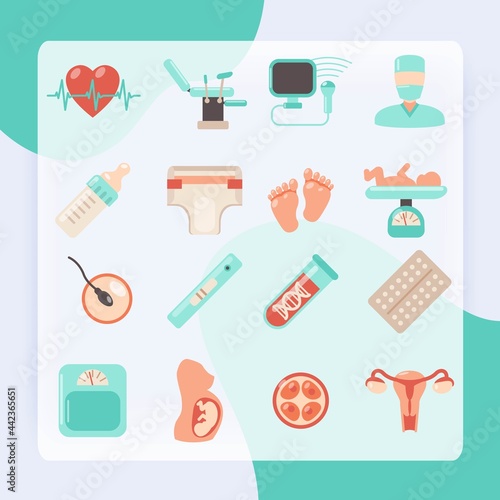 Pregnancy newborn icons set with parenthood women and child care isolated vector illustration