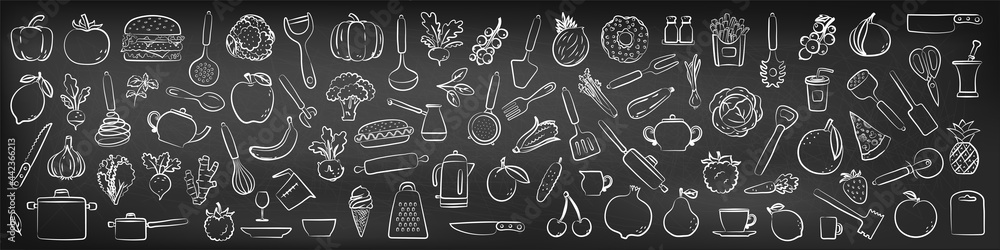Food sketch on chalkboard background. Hand drawn kitchen utensils, fruit and vegetable. Beet, pepper, pineapple, pomegranate and burger. Chalk blackboard. Vector kitchenware set - obrazy, fototapety, plakaty 