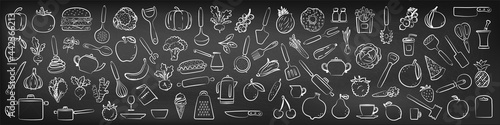Food sketch on chalkboard background. Hand drawn kitchen utensils, fruit and vegetable. Beet, pepper, pineapple, pomegranate and burger. Chalk blackboard. Vector kitchenware set