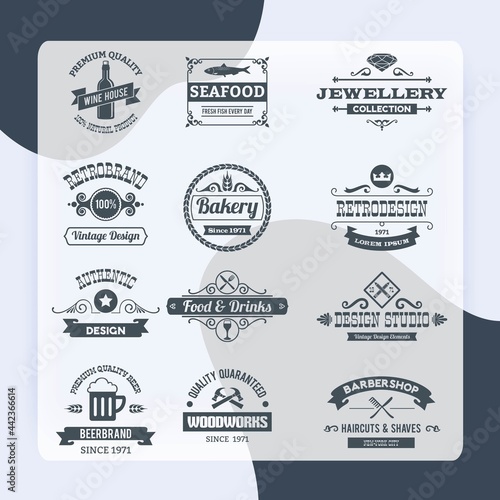 Retro black logo emblems set with woodworks barbershop restaurant isolated vector illustration
