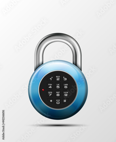 realistic opened padlock. Steel Mechanical Combination lock. Privacy padlock illustration. Enter the PIN code. Electronic open lock icon. Reliable padlock Protection badge. Code combination symbol