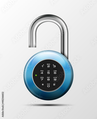 realistic opened padlock. Steel Mechanical Combination lock. Privacy padlock illustration. Enter the PIN code. Electronic open lock icon. Reliable padlock Protection badge. Code combination symbol