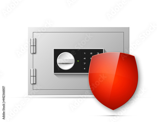 safe shield image. Armored box background. Door bank vault & mechanical combination lock. Reliable Data Protection. Long-term savings. Deposit box shield icon.Protection of personal information