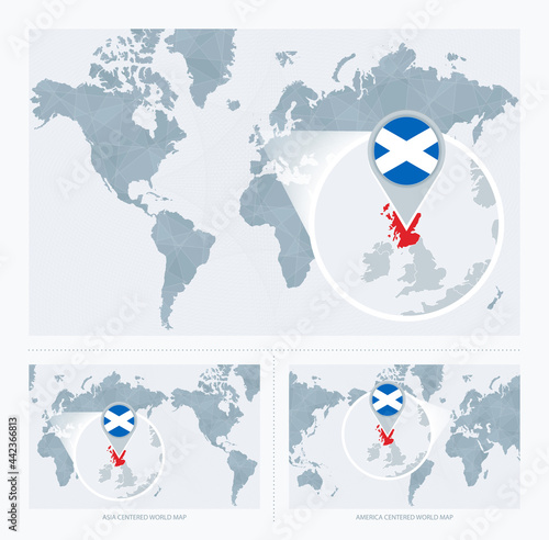 Magnified Scotland over Map of the World, 3 versions of the World Map with flag and map of Scotland.