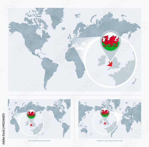 Magnified Wales over Map of the World, 3 versions of the World Map with flag and map of Wales.