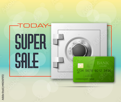 Credit card & Electronic lock picture. Bank door card & image combination lock front side banner. Plastic card & steel safe. Debit card & electromagnetic locking devices chip. Online payment banner