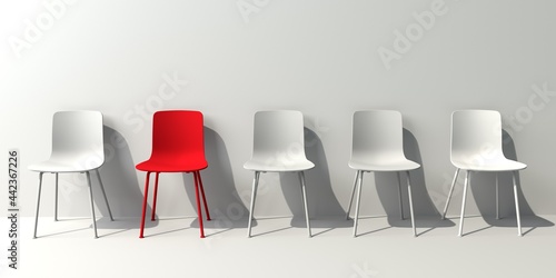 One out unique red chair concept with white chairs