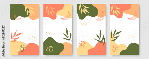 Social media stories boho art creative Vector set. Background template with copy space for text and images design by abstract colored shapes  line arts   Tropical leaves warm color of the earth tone