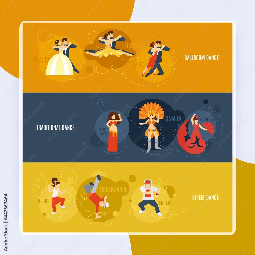 Dancing flat horizontal banner set with street ballroom traditional dance elements isolated vector illustration Dancing flat horizontal banner set with street ballroom traditional dance elements isolated vector illustration