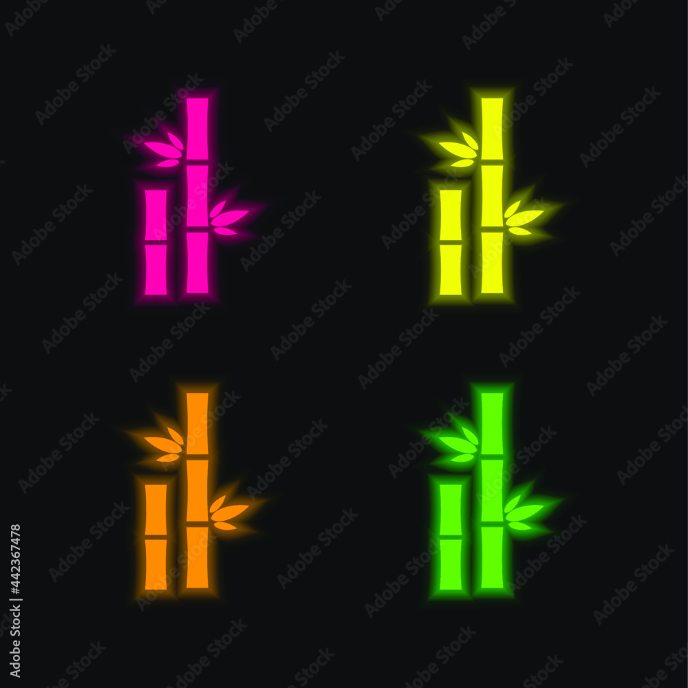 Obraz premium Bamboo With Leaves four color glowing neon vector icon
