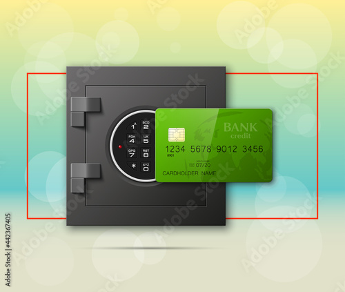 Credit card & Electronic lock picture. Bank door card & image combination lock front side banner. Plastic card & steel safe. Debit card & electromagnetic locking devices chip. Online payment banner