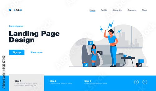 Mother scolding little daughter. Mom shouting at kid, toys, home flat vector illustration. Problem in family, childhood, abuse concept for banner, website design or landing web page