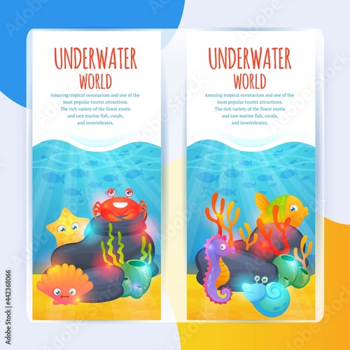 Tropical oceanarium funny sea animals vertical banners set with crab seaweeds and starfish abstract isolated vector illustration