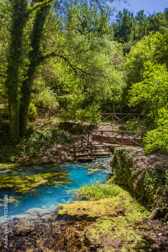 The sulfur springs of Raiano  immersed in a forest and uncontaminated nature  in Abruzzo  Italy. Peace  relaxation  silence  health and well-being. Remains of ancient walls covered with vegetation.