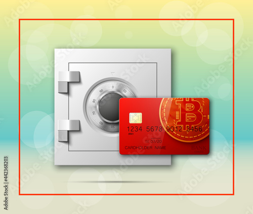 Credit card bitcoin & Electronic lock. Bank door card & combination lock front side banner. Plastic card & steel safe. Debit card & electromagnetic locking chip. Digital currency money Online payment