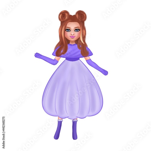 An illustration of a young brown-haired woman in a festive lavender dress and boots, with a fashionable hairstyle on a white background. For cover, booklet, invitation, design, postcard, poster, flyer