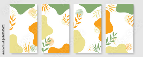 Social media stories boho art creative Vector set. Background template with copy space for text and images design by abstract colored shapes, line arts , Tropical leaves warm color of the earth tone